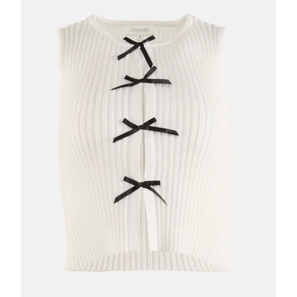 NWT Creamon Bow Ribbon Contrast Sleeveless Cardigan Vest White sz. M
